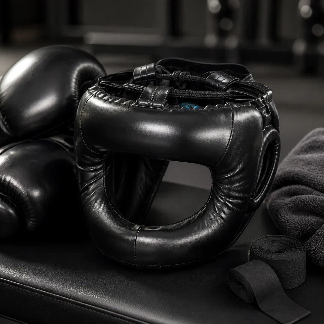 Capacete de Treino Endurafit preto sobre bancada com luvas e bandagens
