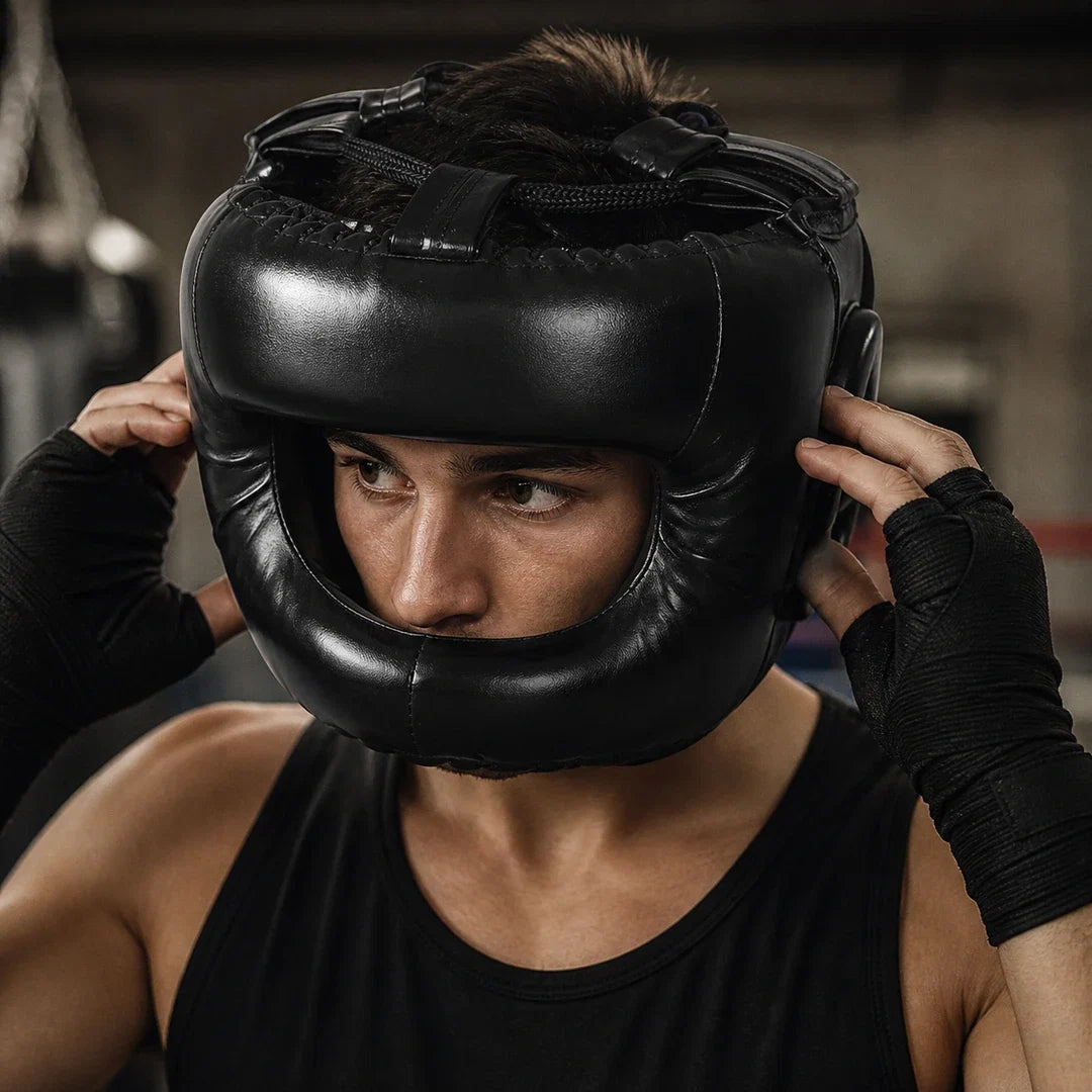 Atleta ajustando o Capacete de Treino Endurafit antes do treino de sparring