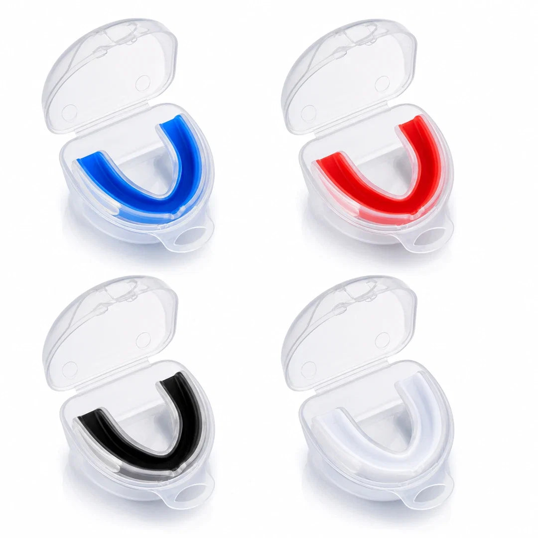Protetor Bucal Esportivo Endurafit em cores azul, vermelho, preto e branco com estojo transparente sobre fundo branco