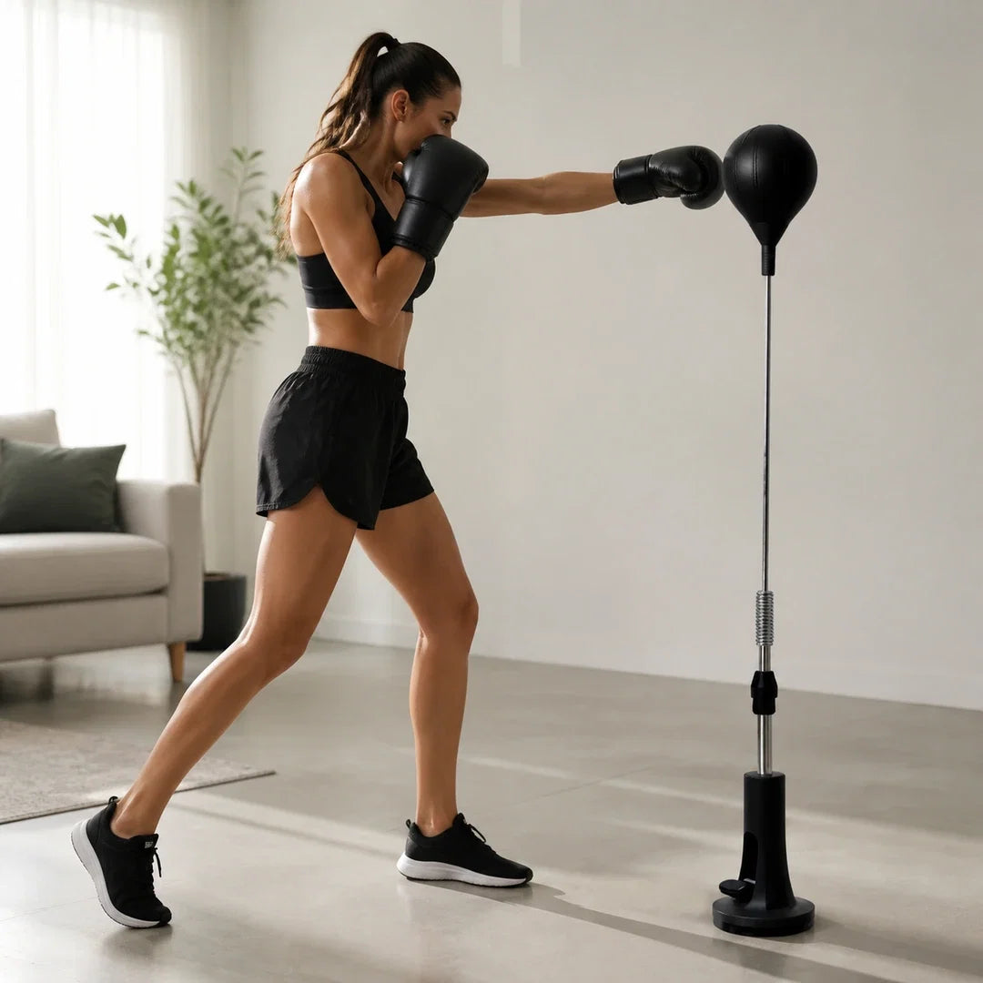 Mulher treinando boxe em casa com saco de reflexo Cobra Bag Endurafit
