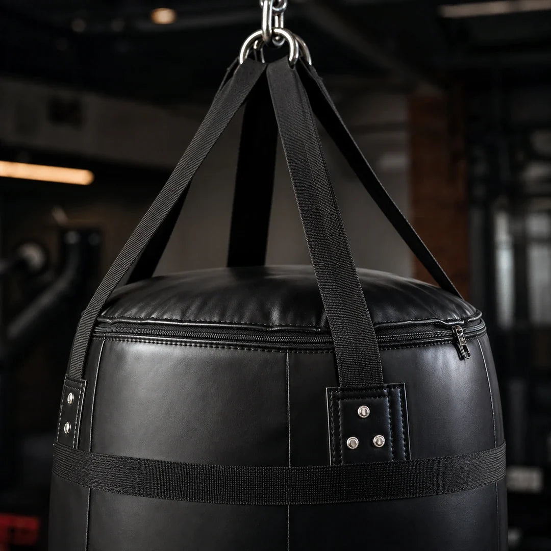 Detalhe das alças zíper e rebites do saco de pancada Endurafit modelo original