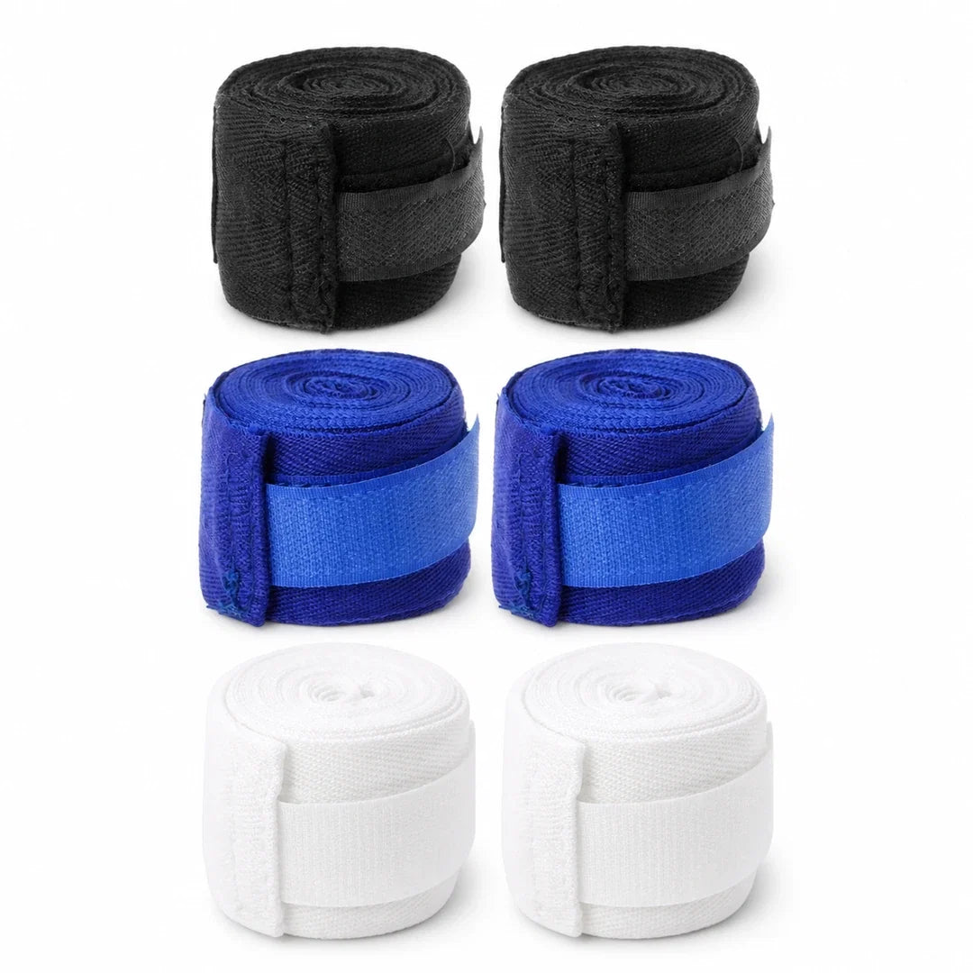 Bandagem de Boxe Endurafit em pares nas cores preto, azul e branco sobre fundo branco