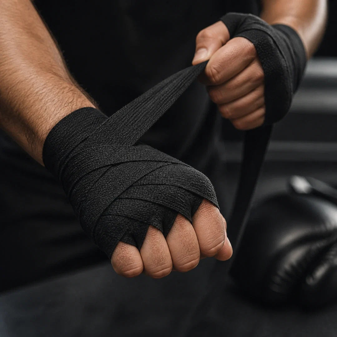Mão sendo enrolada com Bandagem de Boxe Endurafit preta antes do treino