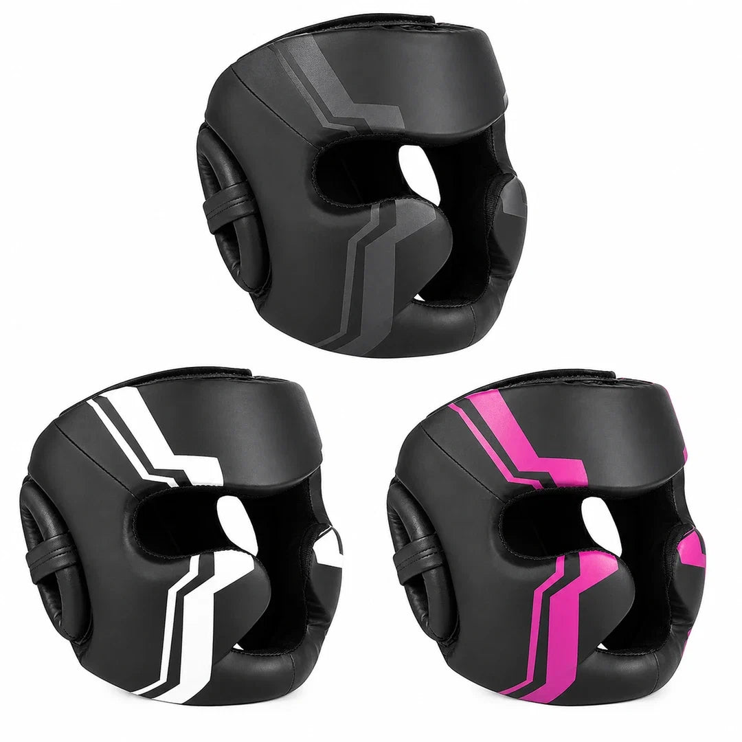 Capacete de Proteção Endurafit para boxe e muay thai em variantes preto, preto branco e preto rosa sobre fundo branco