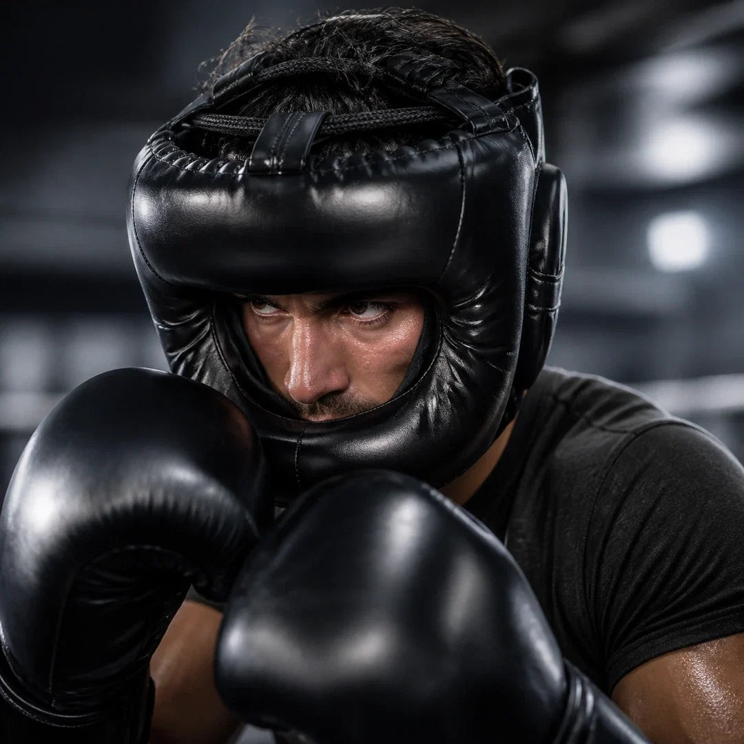 Atleta usando Capacete de Treino Endurafit em guarda no treino de boxe