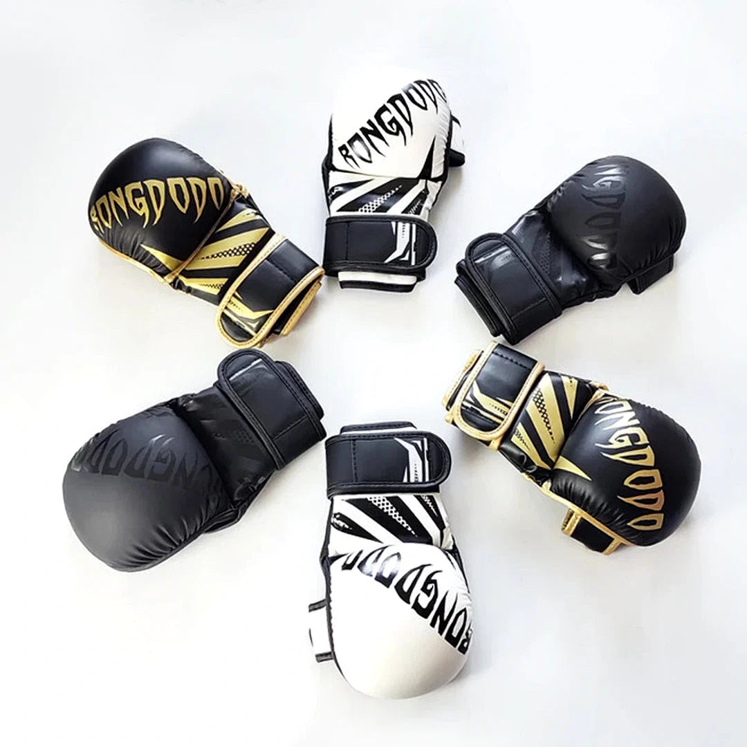 Luva MMA Meia Mão Endurafit nas cores branco preto e preto dourado sobre fundo branco