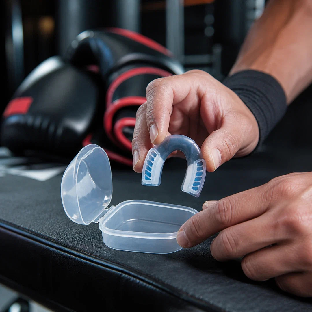 Atleta preparando o Protetor Bucal Esportivo Endurafit com estojo antes do treino de boxe