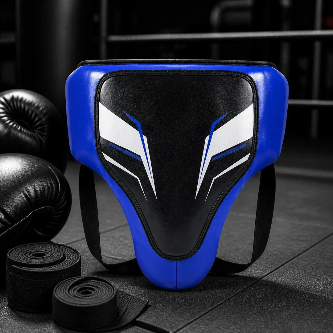 Protetor Genital Endurafit azul e preto em ambiente de treino com luvas e bandagens