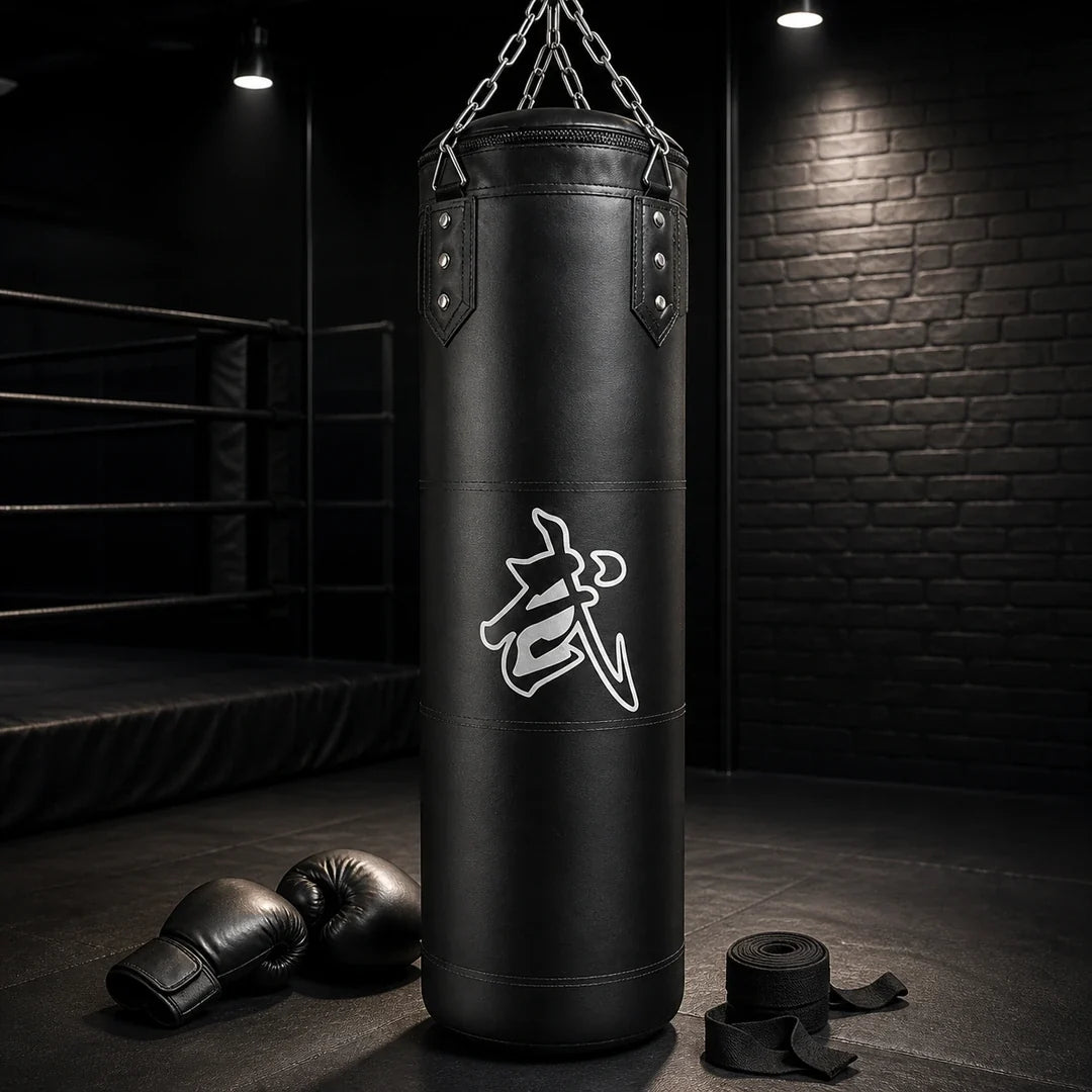 Saco de pancada preto Endurafit instalado em ambiente de treino para boxe e muay thai