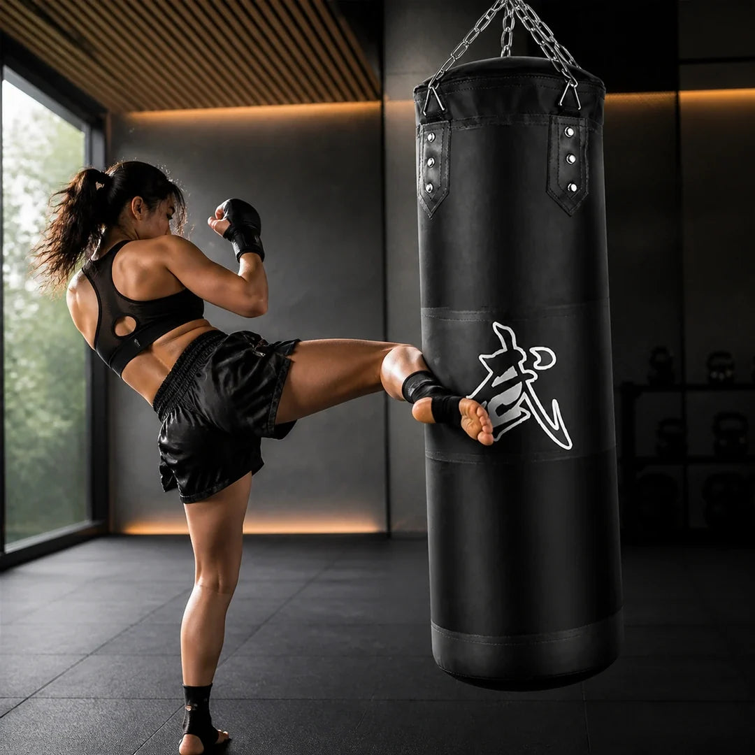 Mulher treinando chute de muay thai com saco de pancada preto Endurafit